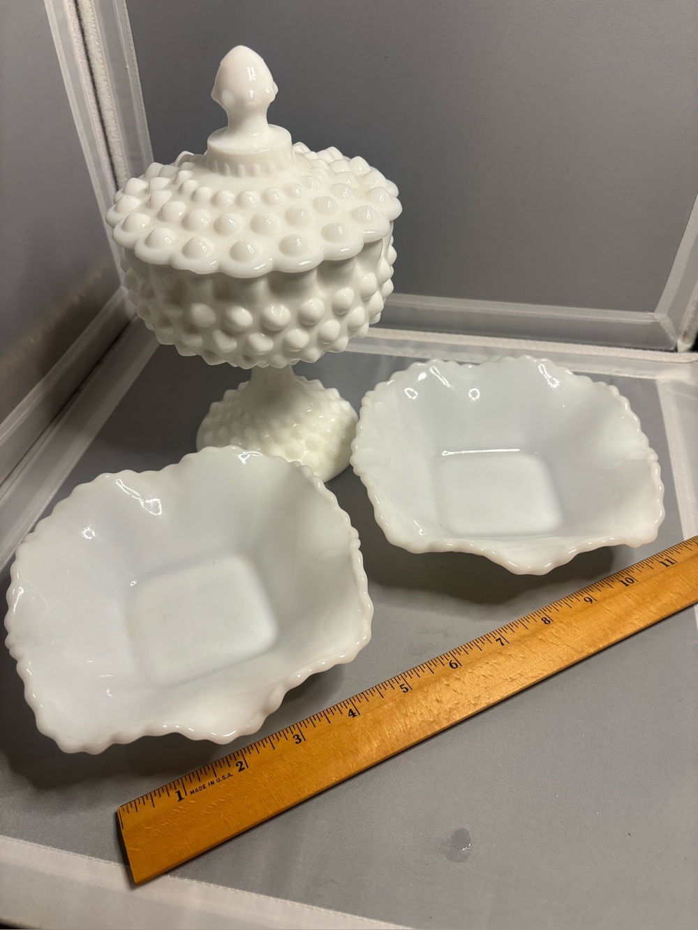 Fenton milk glass hobnail compote + 2 dish